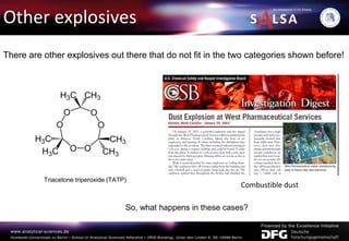 Triacetone triperoxide (TATP)
Combustible dust
Other explosives
There are other explosives out there that do not fit in the two categories shown before!
So, what happens in these cases?
 