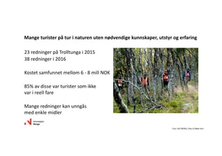23redningerpåTrolltungai2015
38redningeri2016
Kostetsamfunnetmellom6‐ 8mill NOK
85%avdissevarturistersomikke
varireellfare
Mangeredningerkanunngås
medenklemidler
Mangeturisterpåturinaturenutennødvendigekunnskaper,utstyrogerfaring
Foto:SALTBONES,OlavA./RødeKors
 