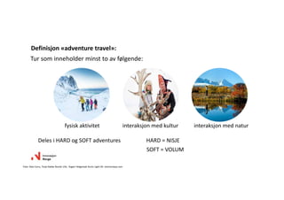 Tursom inneholder minst toav følgende:
Definisjon«adventure travel»:
Foto:AlexConu,TerjeRakkeNordicLife,AsgeirHelgestadArcticLight AS‐visitnorway.com
fysisk aktivitet interaksjon medkultur interaksjon mednatur
DelesiHARDogSOFTadventures HARD=NISJE
SOFT=VOLUM
 