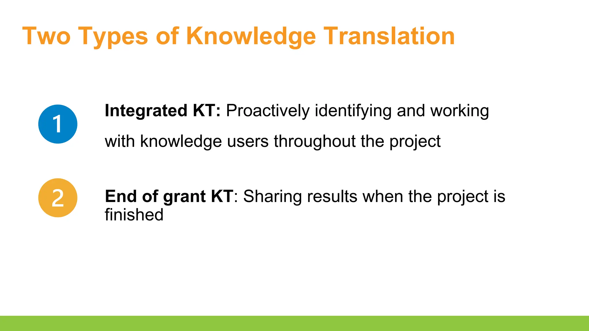 Two Types of Knowledge Translation
Integrated KT: Proactively identifying and working
with knowledge users throughout the project
End of grant KT: Sharing results when the project is
finished
 