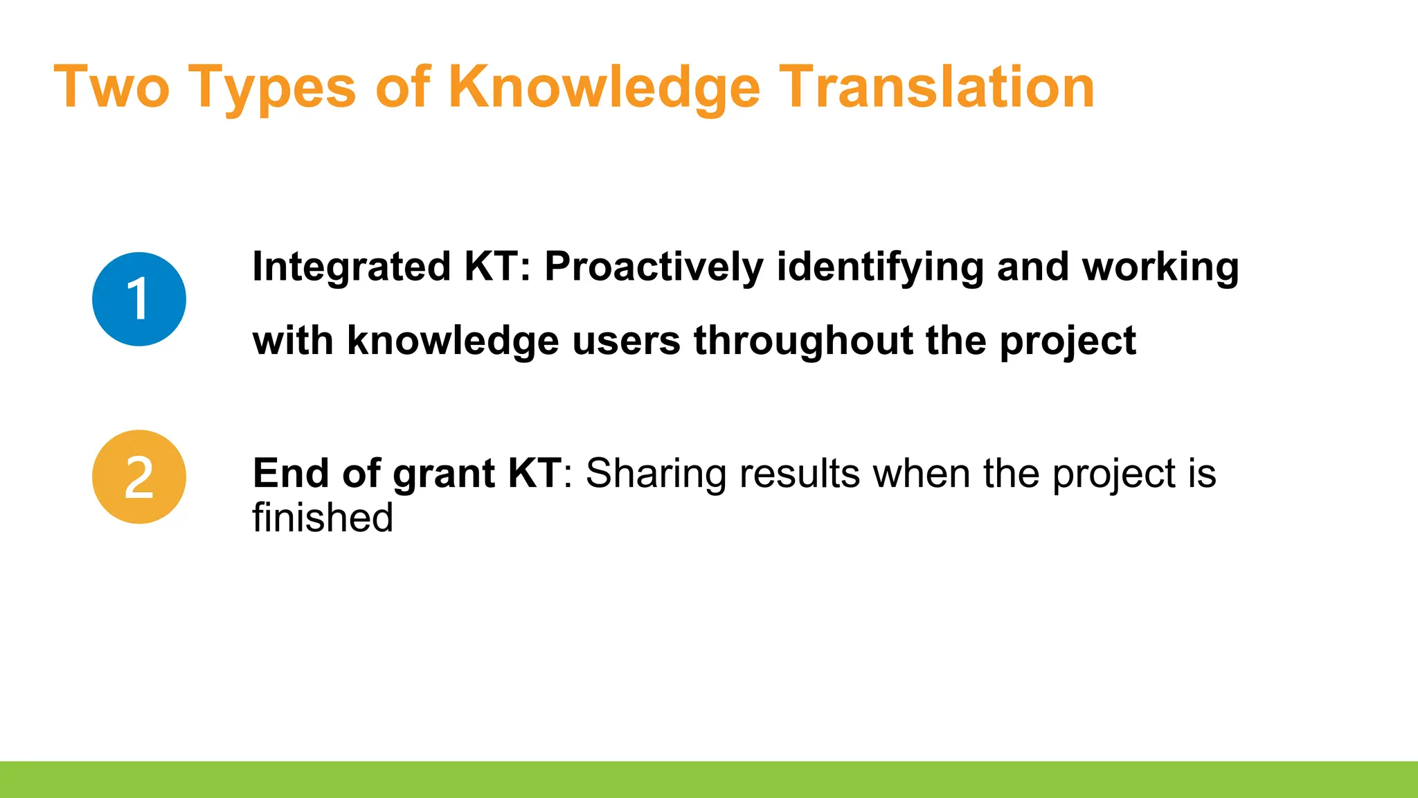 Two Types of Knowledge Translation
Integrated KT: Proactively identifying and working
with knowledge users throughout the project
End of grant KT: Sharing results when the project is
finished
 