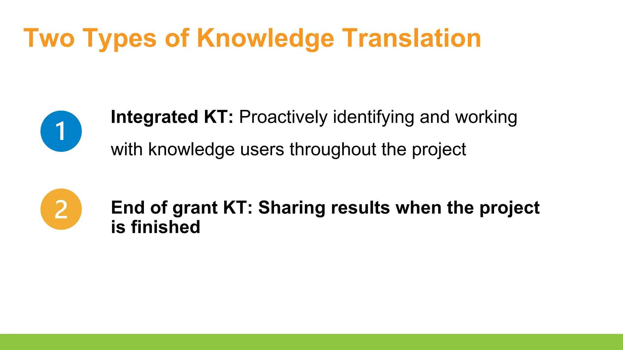 Two Types of Knowledge Translation
Integrated KT: Proactively identifying and working
with knowledge users throughout the project
End of grant KT: Sharing results when the project
is finished
 