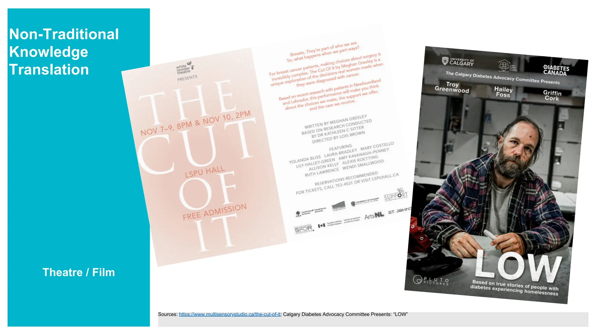Non-Traditional
Knowledge
Translation
Theatre / Film
Sources: https://www.multisensorystudio.ca/the-cut-of-it; Calgary Diabetes Advocacy Committee Presents: “LOW”
 