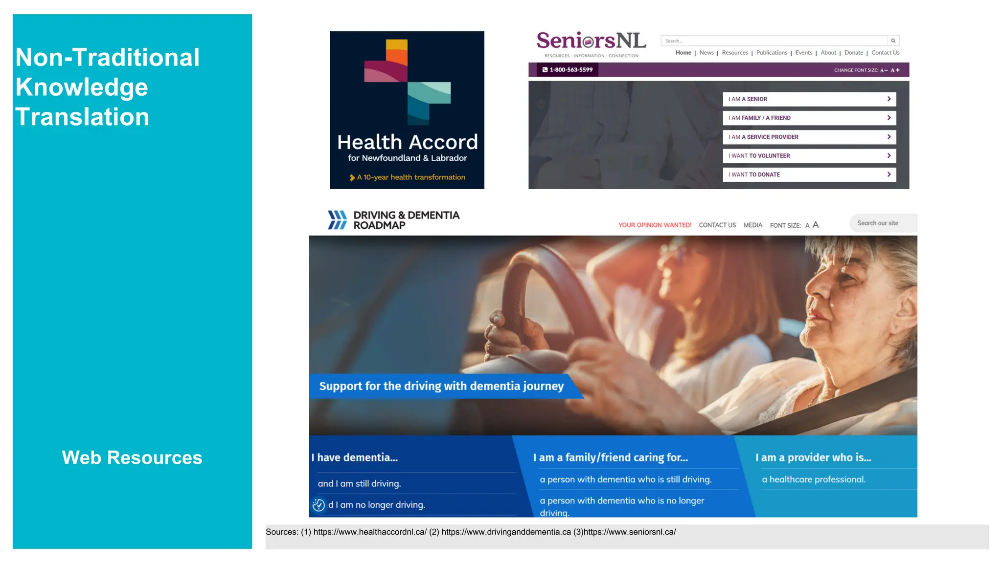 Non-Traditional
Knowledge
Translation
Web Resources
Sources: (1) https://www.healthaccordnl.ca/ (2) https://www.drivinganddementia.ca (3)https://www.seniorsnl.ca/
 