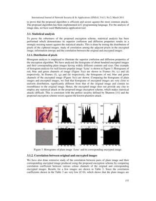 International Journal of Network Security & Its Applications (IJNSA), Vol.3, No.2, March 2011
153
to prove that the proposed algorithm is efficient and secure against the most common attacks.
The proposed algorithm has been implemented in C programming language. For the analysis of
image data, we have used Mathematica application tool.
3.1. Statistical analysis
To prove the robustness of the proposed encryption scheme, statistical analysis has been
performed which demonstrates its superior confusion and diffusion properties results in a
strongly resisting nature against the statistical attacks. This is done by testing the distribution of
pixels of the ciphered images, study of correlation among the adjacent pixels in the encrypted
image, information entropy and the correlation between the original and encrypted images.
3.1.1. Distribution of pixels
Histogram analysis is employed to illustrate the superior confusion and diffusion properties of
the encryption algorithm. We have analyzed the histograms of about hundred encrypted images
and their corresponding plain images having widely different contents and sizes. One example
of histogram analysis for well known popular image ‘Lena’ is shown in Figure 3. Histograms of
red, blue and green channels of image (Figure 3(a)) are shown in Frames (b), (c) and (d)
respectively. In Frames (f), (g) and (h) respectively, the histograms of red, blue and green
channels of the encrypted image (Figure 3(e)) are shown. Comparing the histograms of plain
images and encrypted images, we find that histograms of encrypted images are very close to
uniform distribution, significantly different from that of the original image and contain no
resemblance to the original image. Hence, the encrypted image does not provide any clue to
employ any statistical attack on the proposed image encryption scheme, which makes statistical
attacks difficult. This is consistent with the perfect security defined by Shannon [11] and the
proposed encryption scheme resists against the known-plaintext attack.
Figure 3. Histograms of plain image ‘Lena’ and its corresponding encrypted image.
3.1.2. Correlation between original and encrypted images
We have also done extensive study of the correlation between pairs of plain image and their
corresponding encrypted image produced using the proposed encryption scheme by computing
correlation coefficient between various colour channels of the original and corresponding
encrypted images. Results for a few images are shown in Table 3. Since the correlation
coefficients shown in the Table 3 are very low (C≈0), which shows that the plain images are
 
