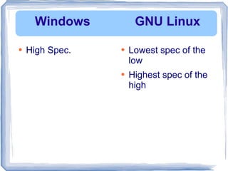 High Spec. Lowest spec of the low Highest spec of the high Windows GNU Linux 