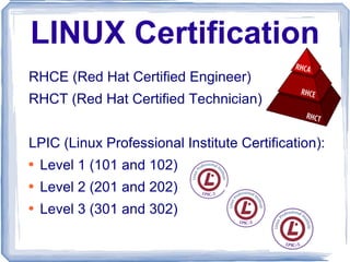 LINUX Certification RHCE (Red Hat Certified Engineer) RHCT (Red Hat Certified Technician) LPIC (Linux Professional Institute Certification): Level 1 (101 and 102) Level 2 (201 and 202) Level 3 (301 and 302) 