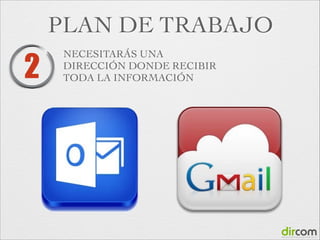 PLAN DE TRABAJO

2

NECESITARÁS UNA
DIRECCIÓN DONDE RECIBIR
TODA LA INFORMACIÓN

 
