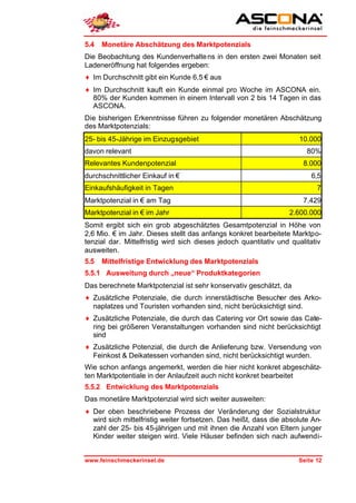 5.4   Monetäre Abschätzung des Marktpotenzials
Die Beobachtung des Kundenverhalte ns in den ersten zwei Monaten seit
Ladeneröffnung hat folgendes ergeben:
♦ Im Durchschnitt gibt ein Kunde 6,5 € aus
♦ Im Durchschnitt kauft ein Kunde einmal pro Woche im ASCONA ein.
  80% der Kunden kommen in einem Intervall von 2 bis 14 Tagen in das
  ASCONA.
Die bisherigen Erkenntnisse führen zu folgender monetären Abschätzung
des Marktpotenzials:
25- bis 45-Jährige im Einzugsgebiet                                  10.000
davon relevant                                                          80%
Relevantes Kundenpotenzial                                             8.000
durchschnittlicher Einkauf in €                                          6,5
Einkaufshäufigkeit in Tagen                                                7
Marktpotenzial in € am Tag                                             7.429
Marktpotenzial in € im Jahr                                       2.600.000
Somit ergibt sich ein grob abgeschätztes Gesamtpotenzial in Höhe von
2,6 Mio. € im Jahr. Dieses stellt das anfangs konkret bearbeitete Marktpo-
tenzial dar. Mittelfristig wird sich dieses jedoch quantitativ und qualitativ
ausweiten.
5.5   Mittelfristige Entwicklung des Marktpotenzials
5.5.1 Ausweitung durch „neue“ Produktkategorien
Das berechnete Marktpotenzial ist sehr konservativ geschätzt, da
♦ Zusätzliche Potenziale, die durch innerstädtische Besucher des Arko-
  naplatzes und Touristen vorhanden sind, nicht berücksichtigt sind.
♦ Zusätzliche Potenziale, die durch das Catering vor Ort sowie das Cate-
  ring bei größeren Veranstaltungen vorhanden sind nicht berücksichtigt
  sind
♦ Zusätzliche Potenzial, die durch die Anlieferung bzw. Versendung von
  Feinkost & Deikatessen vorhanden sind, nicht berücksichtigt wurden.
Wie schon anfangs angemerkt, werden die hier nicht konkret abgeschätz-
ten Marktpotentiale in der Anlaufzeit auch nicht konkret bearbeitet
5.5.2 Entwicklung des Marktpotenzials
Das monetäre Marktpotenzial wird sich weiter ausweiten:
♦ Der oben beschriebene Prozess der Veränderung der Sozialstruktur
  wird sich mittelfristig weiter fortsetzen. Das heißt, dass die absolute An-
  zahl der 25- bis 45-jährigen und mit ihnen die Anzahl von Eltern junger
  Kinder weiter steigen wird. Viele Häuser befinden sich nach aufwendi-


www.feinschmeckerinsel.de                                            Seite 12
 