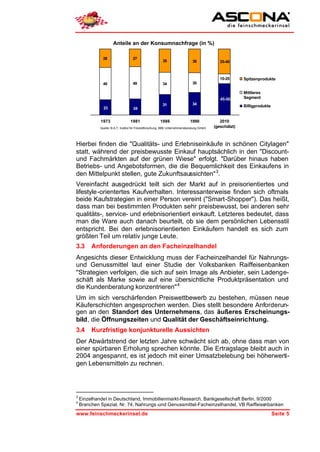 Anteile an der Konsumnachfrage (in %)

               28                   27
                                                         35                    36              35-40



                                                                                               10-20      Spitzenprodukte
               49                   49                   34                    30

                                                                                                          Mittleres
                                                                                               45-50      Segment
                                                         31                    34
               23
                                                                                                          Billigprodukte
                                    24


             1973                 1981                  1986                 1990              2010
             Quelle: B.A.T. Institut für Freizeitforschung, BBE Unternehmensberatung GmbH   (geschätzt)



Hierbei finden die "Qualitäts- und Erlebniseinkäufe in schönen Citylagen"
statt, während der preisbewusste Einkauf hauptsächlich in den "Discount-
und Fachmärkten auf der grünen Wiese" erfolgt. "Darüber hinaus haben
Betriebs- und Angebotsformen, die die Bequemlichkeit des Einkaufens in
den Mittelpunkt stellen, gute Zukunftsaussichten" 3.
Vereinfacht ausgedrückt teilt sich der Markt auf in preisorientiertes und
lifestyle -orientertes Kaufverhalten. Interessanterweise finden sich oftmals
beide Kaufstrategien in einer Person vereint ("Smart-Shopper"). Das heißt,
dass man bei bestimmten Produkten sehr preisbewusst, bei anderen sehr
qualitäts-, service- und erlebnisorientiert einkauft. Letzteres bedeutet, dass
man die Ware auch danach beurteilt, ob sie dem persönlichen Lebensstil
entspricht. Bei den erlebnisorientierten Einkäufern handelt es sich zum
größten Teil um relativ junge Leute.
3.3      Anforderungen an den Facheinzelhandel
Angesichts dieser Entwicklung muss der Facheinzelhandel für Nahrungs-
und Genussmittel laut einer Studie der Volksbanken Raiffeisenbanken
"Strategien verfolgen, die sich auf sein Image als Anbieter, sein Ladenge-
schäft als Marke sowie auf eine übersichtliche Produktpräsentation und
die Kundenberatung konzentrieren" 4
Um im sich verschärfenden Preiswettbewerb zu bestehen, müssen neue
Käuferschichten angesprochen werden. Dies stellt besondere Anforderun-
gen an den Standort des Unternehmens, das äußeres Erscheinungs-
bild, die Öffnungszeiten und Qualität der Geschäftseinrichtung.
3.4      Kurzfristige konjunkturelle Aussichten
Der Abwärtstrend der letzten Jahre schwächt sich ab, ohne dass man von
einer spürbaren Erholung sprechen könnte. Die Ertragslage bleibt auch in
2004 angespannt, es ist jedoch mit einer Umsatzbelebung bei höherwerti-
gen Lebensmitteln zu rechnen.




3
    Einzelhandel in Deutschland, Immobilienmarkt-Research, Bankgesellschaft Berlin, 9/2000
4
    Branchen Spezial, Nr. 74, Nahrungs -und Genussmittel-Facheinzelhandel, VB Raiffeisenbanken
www.feinschmeckerinsel.de                                                                                                  Seite 5
 