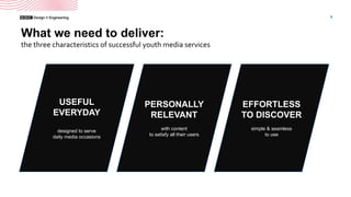 8
USEFUL
EVERYDAY
designed to serve
daily media occasions
PERSONALLY
RELEVANT
with content
to satisfy all their users
EFFORTLESS
TO DISCOVER
simple & seamless
to use
What we need to deliver:
the three characteristics of successful youth media services
 