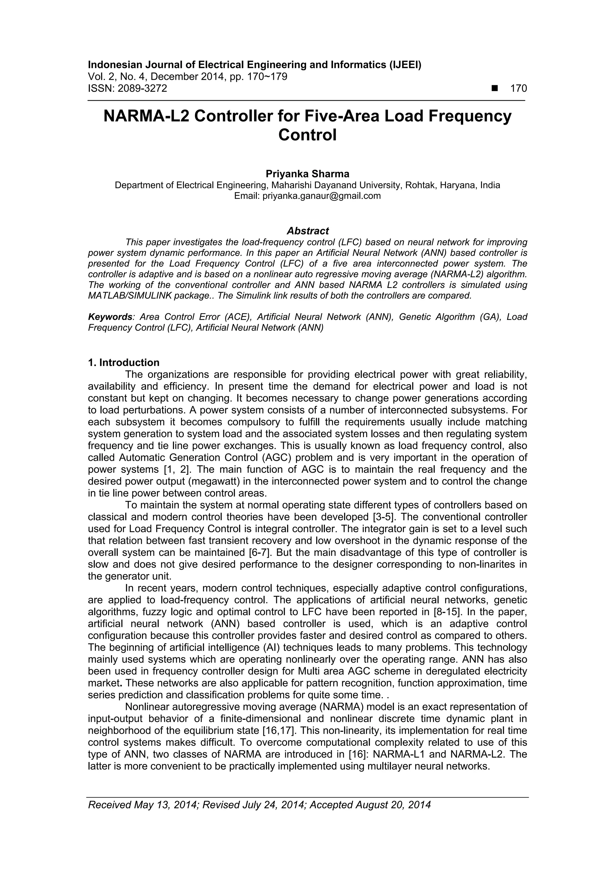 NARMA-L2 Controller for Five-Area Load Frequency Control | PDF