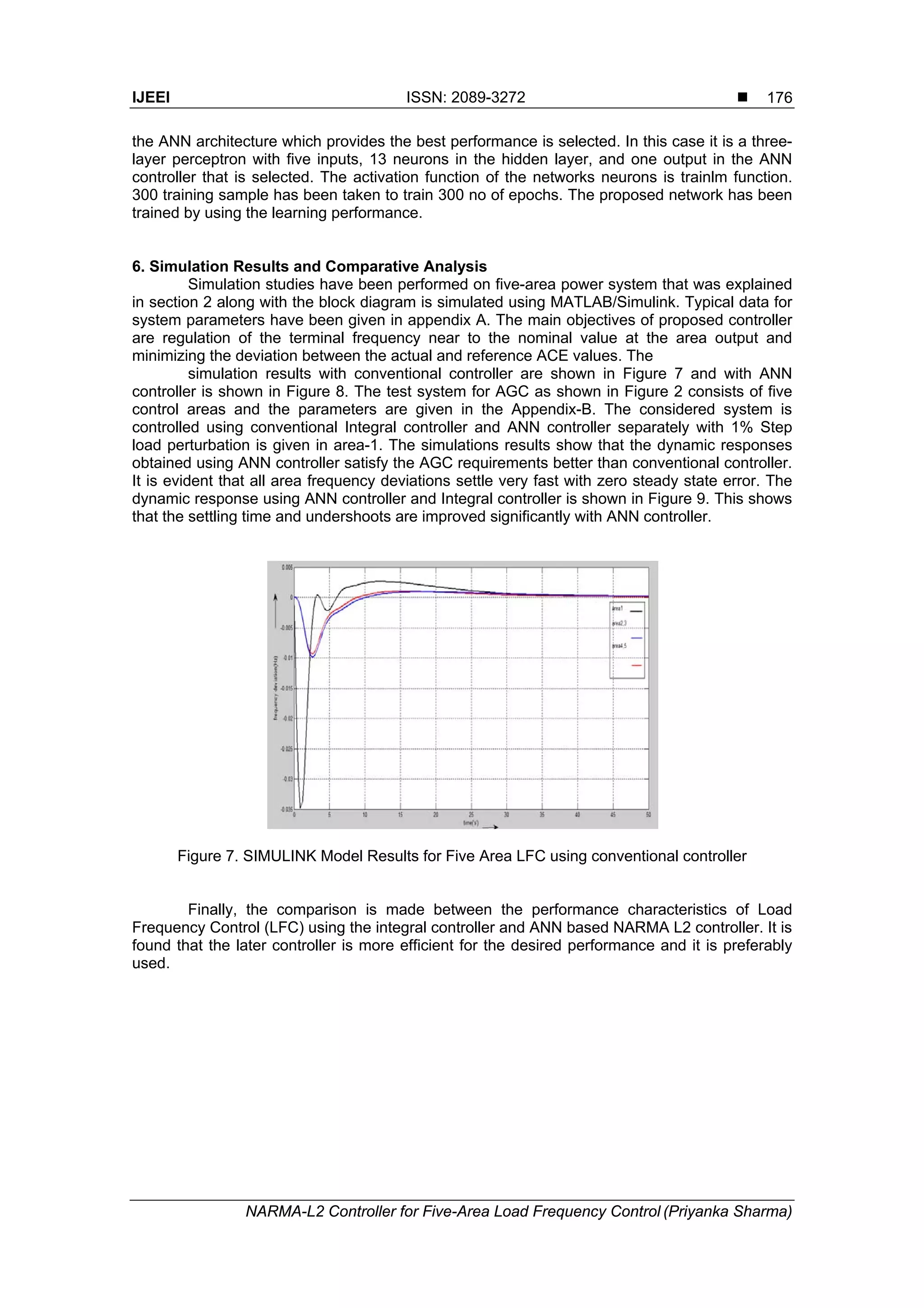 IJEEI ISSN: 2089-3272 
NARMA-L2 Controller for Five-Area Load Frequency Control (Priyanka Sharma)
176
the ANN architecture which provides the best performance is selected. In this case it is a three-
layer perceptron with five inputs, 13 neurons in the hidden layer, and one output in the ANN
controller that is selected. The activation function of the networks neurons is trainlm function.
300 training sample has been taken to train 300 no of epochs. The proposed network has been
trained by using the learning performance.
6. Simulation Results and Comparative Analysis
Simulation studies have been performed on five-area power system that was explained
in section 2 along with the block diagram is simulated using MATLAB/Simulink. Typical data for
system parameters have been given in appendix A. The main objectives of proposed controller
are regulation of the terminal frequency near to the nominal value at the area output and
minimizing the deviation between the actual and reference ACE values. The
simulation results with conventional controller are shown in Figure 7 and with ANN
controller is shown in Figure 8. The test system for AGC as shown in Figure 2 consists of five
control areas and the parameters are given in the Appendix-B. The considered system is
controlled using conventional Integral controller and ANN controller separately with 1% Step
load perturbation is given in area-1. The simulations results show that the dynamic responses
obtained using ANN controller satisfy the AGC requirements better than conventional controller.
It is evident that all area frequency deviations settle very fast with zero steady state error. The
dynamic response using ANN controller and Integral controller is shown in Figure 9. This shows
that the settling time and undershoots are improved significantly with ANN controller.
Figure 7. SIMULINK Model Results for Five Area LFC using conventional controller
Finally, the comparison is made between the performance characteristics of Load
Frequency Control (LFC) using the integral controller and ANN based NARMA L2 controller. It is
found that the later controller is more efficient for the desired performance and it is preferably
used.
 