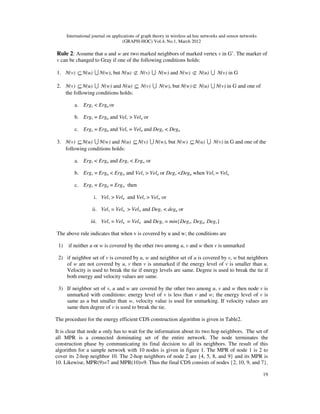 International journal on applications of graph theory in wireless ad hoc networks and sensor networks
(GRAPH-HOC) Vol.4, No.1, March 2012
19
Rule 2: Assume that u and w are two marked neighbors of marked vertex v in G’. The marker of
v can be changed to Gray if one of the following conditions holds:
1. N(v) ⊆ N(u) U N(w), but N(u) ⊄ N(v) U N(w) and N(w) ⊄ N(u) U N(v) in G
2. N(v) ⊆ N(u) U N(w) and N(u) ⊆ N(v) U N(w), but N(w) ⊄ N(u) U N(v) in G and one of
the following conditions holds:
a. Ergv < Ergu or
b. Ergv = Ergu and Velv > Velu or
c. Ergv = Ergu and Velv = Velu and Degv < Degu
3. N(v) ⊆ N(u) U N(w) and N(u) ⊆N(v) U N(w), but N(w) ⊆ N(u) U N(v) in G and one of the
following conditions holds:
a. Ergv < Ergu and Ergv < Ergw or
b. Ergv = Ergu < Ergw and Velv > Velu or Degv <Degu when Velv = Velu
c. Ergv = Ergu = Ergw then
i. Velv > Velu and Velv > Velw or
ii. Velv = Velu > Velw and Degv < degu or
iii. Velv = Velu = Velw and Degv = min{Degv, Degu, Degv}
The above rule indicates that when v is covered by u and w; the conditions are
1) if neither u or w is covered by the other two among u, v and w then v is unmarked
2) if neighbor set of v is covered by u, w and neighbor set of u is covered by v, w but neighbors
of w are not covered by u, v then v is unmarked if the energy level of v is smaller than u.
Velocity is used to break the tie if energy levels are same. Degree is used to break the tie if
both energy and velocity values are same.
3) If neighbor set of v, u and w are covered by the other two among u, v and w then node v is
unmarked with conditions: energy level of v is less than v and w; the energy level of v is
same as u but smaller than w, velocity value is used for unmarking. If velocity values are
same then degree of v is used to break the tie.
The procedure for the energy efficient CDS construction algorithm is given in Table2.
It is clear that node u only has to wait for the information about its two hop neighbors. The set of
all MPR is a connected dominating set of the entire network. The node terminates the
construction phase by communicating its final decision to all its neighbors. The result of this
algorithm for a sample network with 10 nodes is given in figure 1. The MPR of node 1 is 2 to
cover its 2-hop neighbor 10. The 2-hop neighbors of node 2 are {4, 5, 8, and 9} and its MPR is
10. Likewise, MPR(9)=7 and MPR(10)=9. Thus the final CDS consists of nodes {2, 10, 9, and 7}.
 