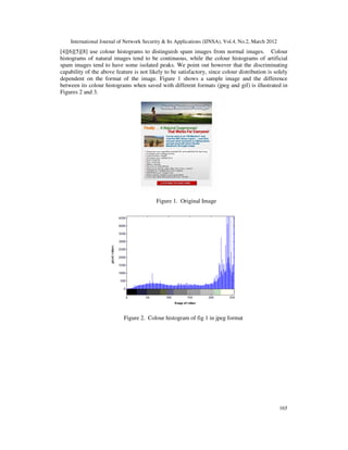 International Journal of Network Security & Its Applications (IJNSA), Vol.4, No.2, March 2012
165
[4][6][5][8] use colour histograms to distinguish spam images from normal images. Colour
histograms of natural images tend to be continuous, while the colour histograms of artificial
spam images tend to have some isolated peaks. We point out however that the discriminating
capability of the above feature is not likely to be satisfactory, since colour distribution is solely
dependent on the format of the image. Figure 1 shows a sample image and the difference
between its colour histograms when saved with different formats (jpeg and gif) is illustrated in
Figures 2 and 3.
Figure 1. Original Image
Figure 2. Colour histogram of fig 1 in jpeg format
 
