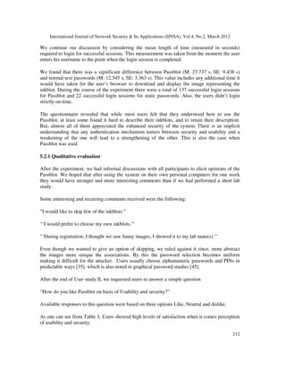 International Journal of Network Security & Its Applications (IJNSA), Vol.4, No.2, March 2012
212
We continue our discussion by considering the mean length of time (measured in seconds)
required to login for successful sessions. This measurement was taken from the moment the user
enters his username to the point when the login session is completed.
We found that there was a significant difference between Passblot (M: 23.737 s, SE: 9.438 s)
and normal text passwords (M: 12.545 s, SE: 3.363 s). This value includes any additional time it
would have taken for the user’s browser to download and display the image representing the
inkblot. During the course of the experiment there were a total of 137 successful login sessions
for Passblot and 22 successful login sessions for static passwords. Also, the users didn’t login
strictly on time.
The questionnaire revealed that while most users felt that they understood how to use the
Passblot, at least some found it hard to describe their inkblots, and to retain their description.
But, almost all of them appreciated the enhanced security of the system. There is an implicit
understanding that any authentication mechanism teeters between security and usability and a
weakening of the one will lead to a strengthening of the other. This is also the case when
Passblot was used.
5.2.1 Qualitative evaluation
After the experiment, we had informal discussions with all participants to elicit opinions of the
Passblot. We hoped that after using the system on their own personal computers for one week
they would have stronger and more interesting comments than if we had performed a short lab
study.
Some interesting and recurring comments received were the following:
“I would like to skip few of the inkblots.”
"‘I would prefer to choose my own inkblots."’
"‘During registration, I thought we saw funny images, I showed it to my lab mate(s)."’
Even though we wanted to give an option of skipping, we ruled against it since, more abstract
the images more unique the associations. By this the password selection becomes uniform
making it difficult for the attacker. Users usually choose alphanumeric passwords and PINs in
predictable ways [35], which is also noted in graphical password studies [45].
After the end of User study II, we requested users to answer a simple question
“How do you like Passblot on basis of Usability and security?”
Available responses to this question were based on three options Like, Neutral and dislike.
As one can see from Table 3, Users showed high levels of satisfaction when it comes perception
of usability and security.
 