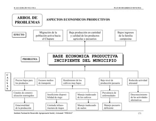 H. ALCALDIA DE VILA VILA                                                                                     PLAN DE DESARROLLO MUNCIPAL




      ARBOL DE                             ASPECTOS ECONOMICOS PRODUCTIVOS
     PROBLEMAS

                                  Migración de la                       Baja producción en cantidad                    Bajos ingresos
    EFECTO                     población activa hacia                    y calidad de los productos                     de la familia
                                    el Chapare                              agrícolas y pecuarios                        campesina




                                                    BASE ECONOMICA PRODUCTIVA
              PROBLEMA
                                                     INCIPIENTE DEL MUNICIPIO


C
A
U    Precios bajos para           Escasos medios                 Rendimiento de los                 Bajo nivel de               Reducida actividad
S    los productos                de transporte                  cultivos muy bajos                 producción pecuaria         artesanal
A
S
    Canales de comerci-                                                                               Prevalencia de
    alización restringidos                   Insuficiente disponi-              Manejo inadecuado     enfermedades                Desconocimiento
                                             bilidad de riego                   de los cultivos                                   de las actividades
                                                                                                                                  alternativas

     Estacionalidad                          Limitada infraes-                  Manejo inadecuado      Manejo pecuario
     de la producción                        tructura de riegos                 de suelos              deficiente

    Instituto Nacional de Desarrollo Agropecuario Social y Artesanal “INDASA”                                                            171
 
