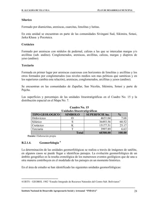 H. ALCALDIA DE VILA VILA                                                    PLAN DE DESARROLLO MUNCIPAL



Silurico

Formado por diamictitas, areniscas, cuarcitas, limolitas y lutitas.

En esta unidad se encuentran en parte de las comunidades Sivingani Sud, Sikimira, Sotasi,
Jarka Khasa y Pocotaica.

Cretácico

Formado por areniscas con nódulos de pedernal, calizas a las que se intercalan margas y/o
arcillitas (sub. andino). Conglomerados, areniscas, arcillitas, calizas, margas y diapiros de
yeso (andino).

Terciario

Formada en primer lugar por areniscas cuarzosas con horizontes de limolitas y arcillitas y los
otros formados por conglomerados (sus niveles medios son mas peliticas que samiticas y en
los superiores cambia esta relación), areniscas, conglomerados, arcillitas y yesos (andino).

Se encuentran en las comunidades de Zapallar, San Nicolás, Sikimira, Sotasi y parte de
Pajcha.

Las superficies y porcentajes de las unidades litoestratigráficas en el Cuadro No. 15 y la
distribución espacial en el Mapa No. 7.

                               Cuadro No. 15
                          Unidades litoestratigráficas
           TIPO GEOLOGICO   SIMBOLO          SUPERFICIE ha.                                %
           Ordovícico           O                       4631.04                              7.68
           Silúrico             S                      36493.56                             60.52
           Cretácico            K                      15177.51                             25.17
           Terciaria            T                       3997.89                              6.63
                                     Total             60300.00                            100.00
     Fuente: Elaboración propia

B.2.1.4.         Geomorfología 4

La determinación de las unidades geomorfológicas se realiza a través de imágenes de satélite,
en algunos casos se puede llegar a identificas paisajes. La evolución geomorfológica de un
ámbito geográfico es la reseña cronológica de los numerosos eventos geológicos que de una u
otra manera contribuyen en el modelado de los paisajes en un momento histórico.

En el área de estudio se han identificado las siguientes unidades geomorfológicas:



4 ERTS – GEOBOL 1982 “Estudio Integrado de Recursos Naturales del Centro Sub. Bolivianos”


Instituto Nacional de Desarrollo Agropecuario Social y Artesanal “INDASA”                                 28
 