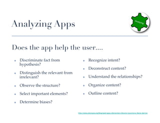 Analyzing Apps

Does the app help the user....
✤    Discriminate fact from               ✤     Recognize intent?!
     hypothesis?!
                                          ✤     Deconstruct content?!
✤    Distinguish the relevant from
     irrelevant?!                         ✤     Understand the relationships?!

✤    Observe the structure?!              ✤     Organize content?!

✤    Select important elements?!          ✤     Outline content?!

✤    Determine biases?!

                                     http://www.edutopia.org/blog/ipad-apps-elementary-blooms-taxomony-diane-darrow	
 