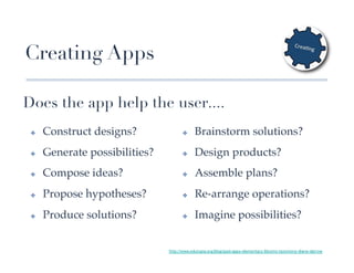 Creating Apps

Does the app help the user....
 ✤    Construct designs?!               ✤     Brainstorm solutions?!
 ✤    Generate possibilities?!          ✤     Design products?!
 ✤    Compose ideas?!                   ✤     Assemble plans?!
 ✤    Propose hypotheses?!              ✤     Re-arrange operations?!
 ✤    Produce solutions?!               ✤     Imagine possibilities?!


                                 http://www.edutopia.org/blog/ipad-apps-elementary-blooms-taxomony-diane-darrow	
 