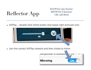 $14.99 for one license!

Reﬂector App
                                            $49.99 for 5 licenses!
                                               20, call them!



✤    AirPlay....double click home button and swipe right and pick icon




✤    Join the correct AirPlay network and then chose to mirror
 