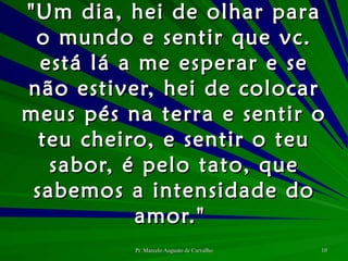 "Um dia, hei de olhar para o mundo e sentir que vc. está lá a me esperar e se não estiver, hei de colocar meus pés na terra e sentir o teu cheiro, e sentir o teu sabor, é pelo tato, que sabemos a intensidade do amor."  