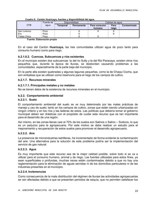 PLAN DE DESARROLLO MUNICIPAL


       Cuadro 8. Cantón Huaricaya, fuentes y disponibilidad del agua.
                      Fuente de         Disponibilidad                       Calidad de agua
        OTB             agua       Temporal     Permanente       Para consumo      Para      Contaminada
                                                                    humano        riego
San Lorenzo          Pozo                             X                X            X
Ero                  Pozo                             X                             X
Tolata Chico         Pozo                             X                X
        Fuente: Elaboración propia


En el caso del Cantón Huaricaya, las tres comunidades utilizan agua de pozo tanto para
consumo humano como para riego.

b.2.1.6.2. Cuencas, Subcuencas y ríos existentes
En el municipio existen dos subcuencas: la del rio Sulty y la del Rio Paracaya, existen otros ríos
pequeños que, durante la época de lluvias, se desbordan causando problemas a las
comunidades, especialmente de la parte baja del municipio.
En la parte alta existen quebradas y algunas lagunas pequeñas, como la de Chaqui Cocha, que
son embalses que se utilizan como reservorio para el riego de los campos de cultivo.
b.2.1.7. Recursos minerales
b.2.1.7.1. Principales metales y no metales
No se tienen datos de la existencia de recursos minerales en el municipio.

b.2.2. Comportamiento ambiental
b.2.2.1. Suelo
El comportamiento ambiental del suelo se ve muy deteriorado por las malas prácticas de
manejo y uso de suelo; tanto en los campos de cultivo, zonas que están siendo urbanizadas sin
ningún criterio y en los ríos y las laderas de estos. Las políticas que debería tomar el gobierno
municipal deben ser drásticas con el propósito de cuidar este recurso que es tan importante
para el desarrollo de una región.
Así mismo, en las zonas llanas casi el 70% de los suelos son Salinos o Salino – Sodicos, lo que
es un perjuicio para la agropecuaria. Por este motivo se debe realizar un estudio para el
mejoramiento y recuperación de estos suelos para promover el desarrollo agropecuario.
b.2.2.2. Aire
La presencia de microindustrias ladrilleras, ha incrementado de forma evidente la contaminación
del aire. Una alternativa para la solución de este problema podría ser la implementación del
servicio de gas natural.
b.2.2.3. Agua
Es muy importante que este recurso sea de la mejor calidad posible, sobre todo si se va a
utilizar para el consumo humano, animal y de riego. Las fuentes utilizadas para estos fines, ya
sean superficiales o profundas, muchas veces están contaminadas debido a que no hay una
reglamentación para la eliminación de aguas servidas ni de los domicilios particulares ni de las
industrias presentes en el municipio.
b.2.2.4. Inclemencias
Como consecuencia de la mala distribución del régimen de lluvias las actividades agropecuarias
se ven afectadas debido a que se presentan periodos de sequía, que no permiten satisfacer los


H. GOBIERNO MUNICIPAL DE SAN BENITO                                                                   10
 