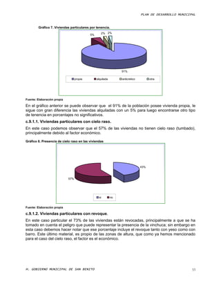 PLAN DE DESARROLLO MUNICIPAL


        Gráfico 7. Viviendas particulares por tenencia.
                                                    2% 2%
                                            5%




                                                                  91%

                                   propia        alquilada        anticretico         otra




Fuente: Elaboración propia

En el gráfico anterior se puede observar que el 91% de la población posee vivienda propia, le
sigue con gran diferencia las viviendas alquiladas con un 5% para luego encontrarse otro tipo
de tenencia en porcentajes no significativos.
c.9.1.1. Viviendas particulares con cielo raso.
En este caso podemos observar que el 57% de las viviendas no tienen cielo raso (tumbado),
principalmente debido al factor económico.

Gráfico 8. Presencia de cielo raso en las viviendas




                                                                                43%



                             57%




                                                   si        no


Fuente: Elaboración propia

c.9.1.2. Viviendas particulares con revoque.
En este caso particular el 73% de las viviendas están revocadas, principalmente a que se ha
tomado en cuenta el peligro que puede representar la presencia de la vinchuca; sin embargo en
esta caso debemos hacer notar que ese porcentaje incluye el revoque tanto con yeso como con
barro. Este último material, es propio de las zonas de altura, que como ya hemos mencionado
para el caso del cielo raso, el factor es el económico.




H. GOBIERNO MUNICIPAL DE SAN BENITO                                                                       33
 