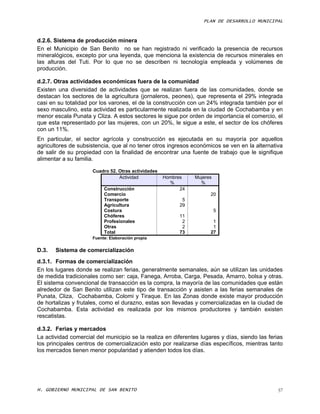 PLAN DE DESARROLLO MUNICIPAL



d.2.6. Sistema de producción minera
En el Municipio de San Benito no se han registrado ni verificado la presencia de recursos
mineralógicos, excepto por una leyenda, que menciona la existencia de recursos minerales en
las alturas del Tuti. Por lo que no se describen ni tecnología empleada y volúmenes de
producción.

d.2.7. Otras actividades económicas fuera de la comunidad
Existen una diversidad de actividades que se realizan fuera de las comunidades, donde se
destacan los sectores de la agricultura (jornaleros, peones), que representa el 29% integrada
casi en su totalidad por los varones, el de la construcción con un 24% integrada también por el
sexo masculino, esta actividad es particularmente realizada en la ciudad de Cochabamba y en
menor escala Punata y Cliza. A estos sectores le sigue por orden de importancia el comercio, el
que esta representado por las mujeres, con un 20%, le sigue a este, el sector de los chóferes
con un 11%.
En particular, el sector agrícola y construcción es ejecutada en su mayoría por aquellos
agricultores de subsistencia, que al no tener otros ingresos económicos se ven en la alternativa
de salir de su propiedad con la finalidad de encontrar una fuente de trabajo que le signifique
alimentar a su familia.

                      Cuadro 52. Otras actividades
                                 Actividad           Hombres    Mujeres
                                                       %          %
                           Construcción                    24
                           Comercio                                   20
                           Transporte                       5
                           Agricultura                     29
                           Costura                                        5
                           Chóferes                        11
                           Profesionales                    2          1
                           Otras                            2          1
                           Total                           73         27
                      Fuente: Elaboración propia


D.3.   Sistema de comercialización
d.3.1. Formas de comercialización
En los lugares donde se realizan ferias, generalmente semanales, aún se utilizan las unidades
de medida tradicionales como ser: caja, Fanega, Arroba, Carga, Pesada, Amarro, bolsa y otras.
El sistema convencional de transacción es la compra, la mayoría de las comunidades que están
alrededor de San Benito utilizan este tipo de transacción y asisten a las ferias semanales de
Punata, Cliza, Cochabamba, Colomi y Tiraque. En las Zonas donde existe mayor producción
de hortalizas y frutales, como el durazno, estas son llevadas y comercializadas en la ciudad de
Cochabamba. Esta actividad es realizada por los mismos productores y también existen
rescatistas.

d.3.2. Ferias y mercados
La actividad comercial del municipio se la realiza en diferentes lugares y días, siendo las ferias
los principales centros de comercialización esto por realizarse días específicos, mientras tanto
los mercados tienen menor popularidad y atienden todos los días.




H. GOBIERNO MUNICIPAL DE SAN BENITO                                                             57
 