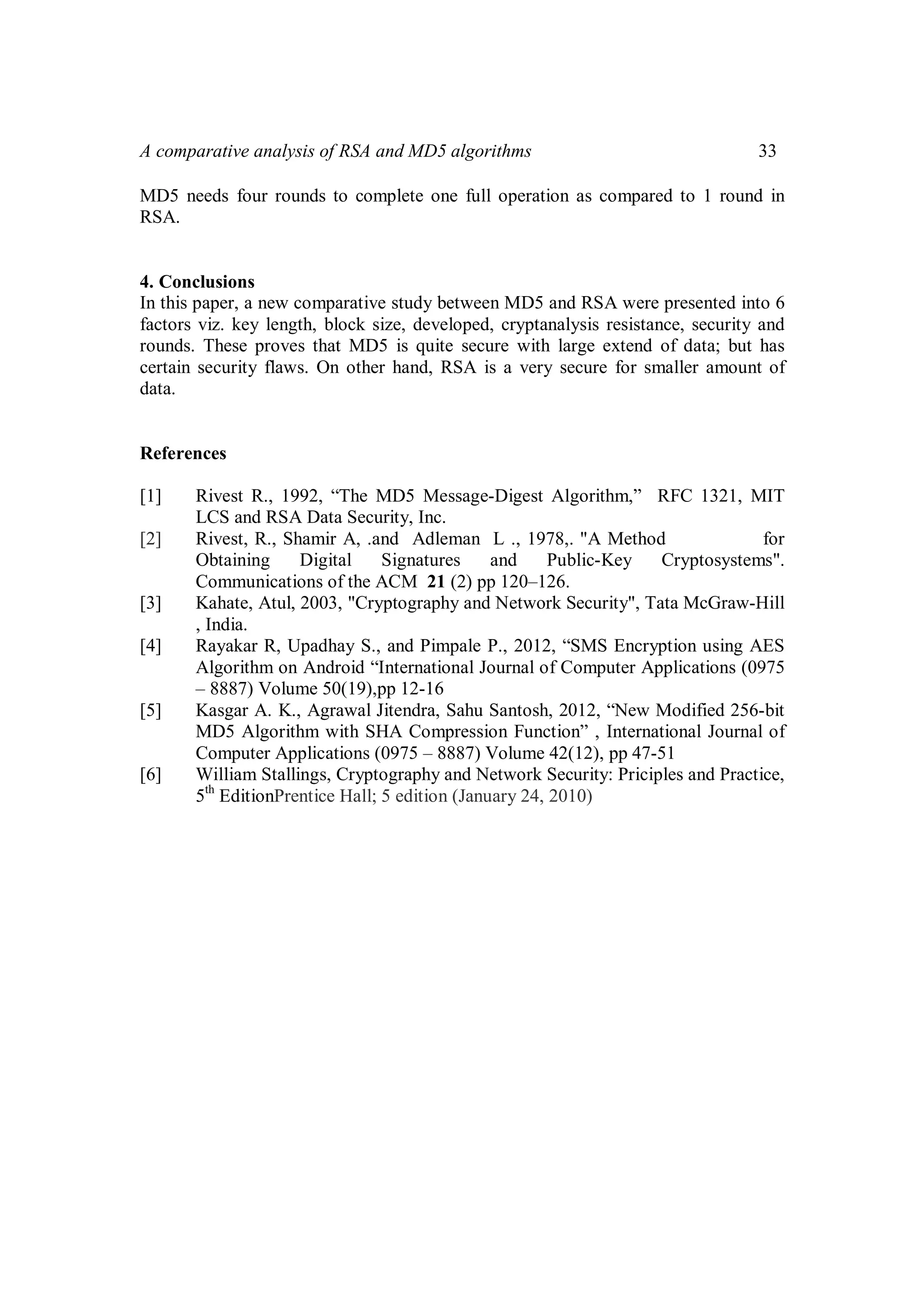 A Comparative Study between RSA and MD5 algorithms | PDF