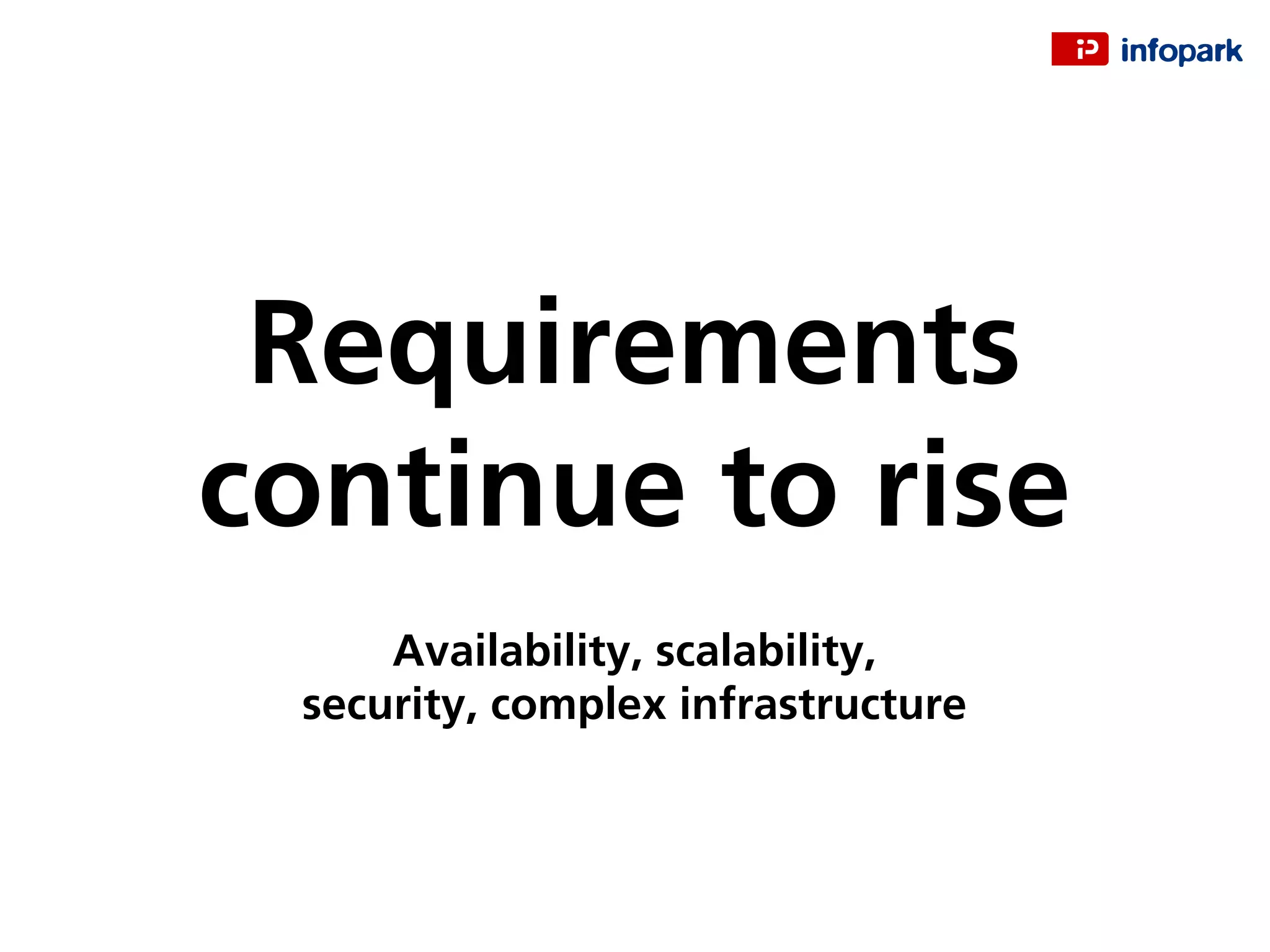 Requirements
continue to rise
Availability, scalability,
security, complex infrastructure
 