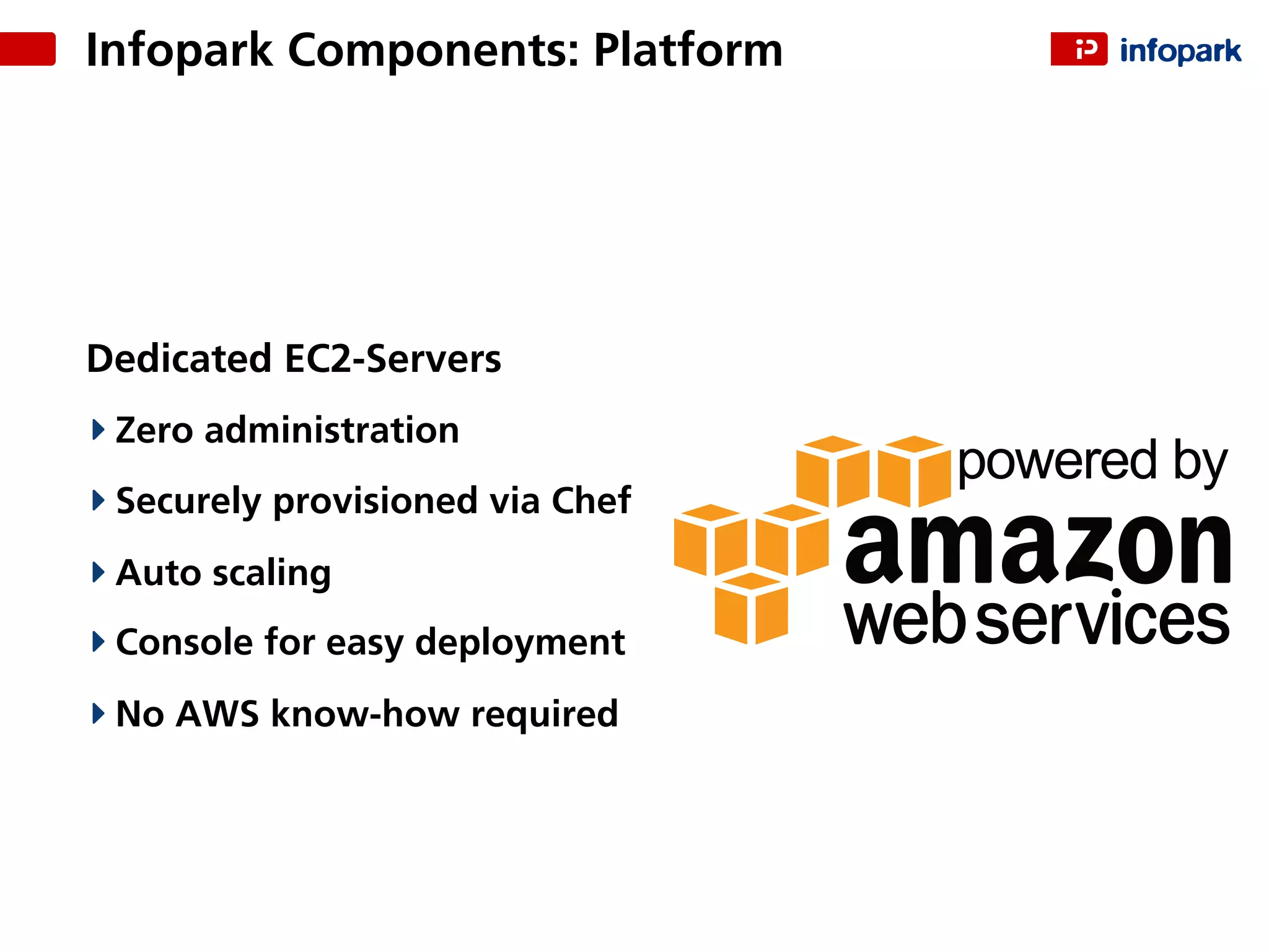 Infopark Components: Platform
Dedicated EC2-Servers
Zero administration
Securely provisioned via Chef
Auto scaling
Console for easy deployment
No AWS know-how required
 