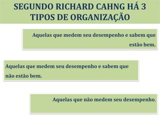 Aquelas que medem seu desempenho e sabem que
estão bem.
Aquelas que medem seu desempenho e sabem que
não estão bem.
Aquelas que não medem seu desempenho.
SEGUNDO RICHARD CAHNG HÁ 3
TIPOS DE ORGANIZAÇÃO
 