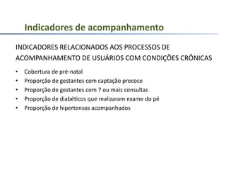 INDICADORES RELACIONADOS AOS PROCESSOS DE
ACOMPANHAMENTO DE USUÁRIOS COM CONDIÇÕES CRÔNICAS
• Cobertura de pré-natal
• Proporção de gestantes com captação precoce
• Proporção de gestantes com 7 ou mais consultas
• Proporção de diabéticos que realizaram exame do pé
• Proporção de hipertensos acompanhados
Indicadores de acompanhamento
 