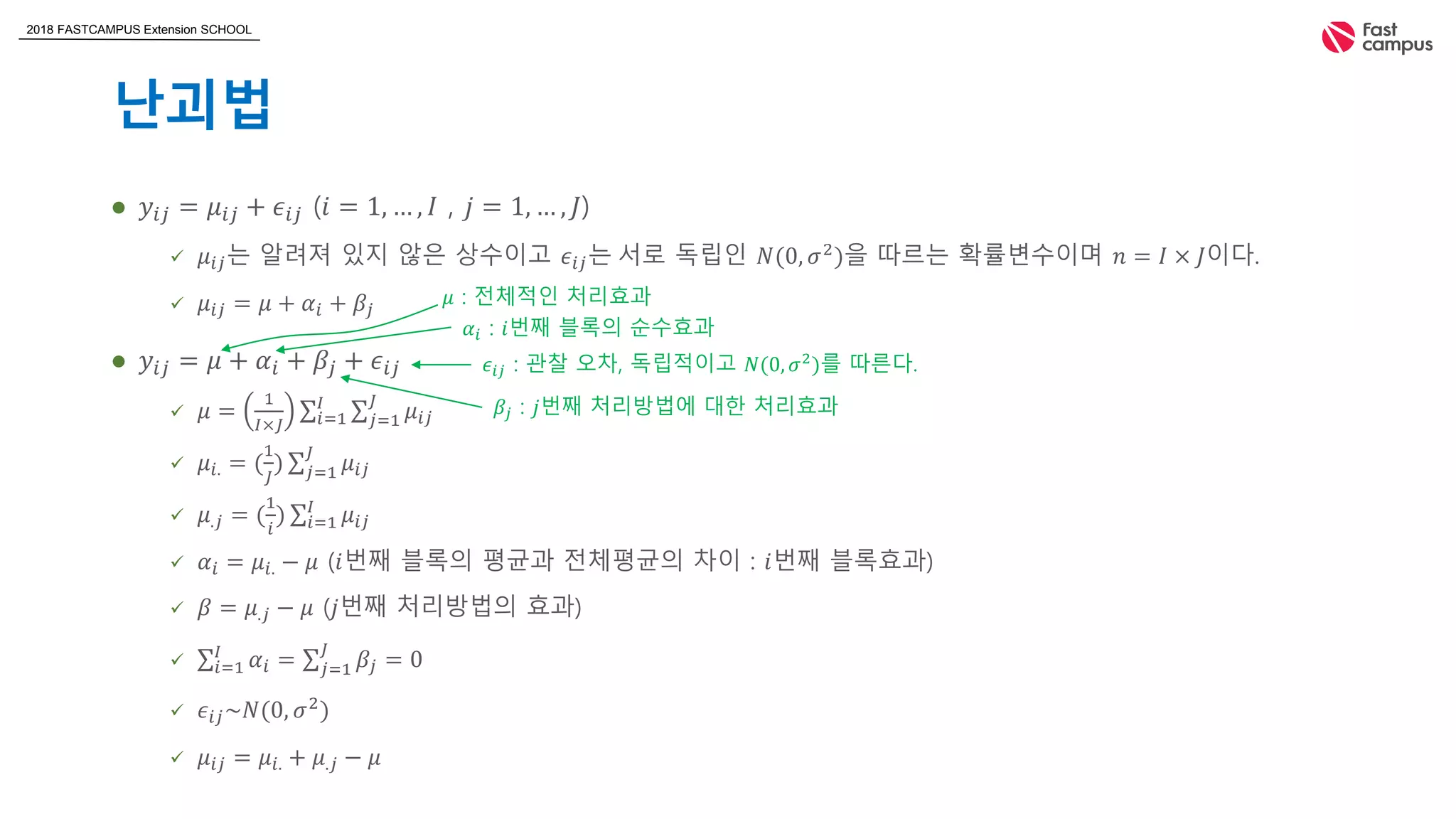 2018 FASTCAMPUS Extension SCHOOL
난괴법
 𝑦𝑖𝑗 = 𝜇𝑖𝑗 + 𝜖𝑖𝑗 (𝑖 = 1, … , 𝐼 , 𝑗 = 1, … , 𝐽)
 𝜇𝑖𝑗는 알려져 있지 않은 상수이고 𝜖𝑖𝑗는 서로 독립인 𝑁(0, 𝜎2
)을 따르는 확률변수이며 𝑛 = 𝐼 × 𝐽이다.
 𝜇𝑖𝑗 = 𝜇 + 𝛼𝑖 + 𝛽𝑗
 𝑦𝑖𝑗 = 𝜇 + 𝛼𝑖 + 𝛽𝑗 + 𝜖𝑖𝑗
 𝜇 =
1
𝐼×𝐽 𝑖=1
𝐼
𝑗=1
𝐽
𝜇𝑖𝑗
 𝜇𝑖. = (
1
𝐽
) 𝑗=1
𝐽
𝜇𝑖𝑗
 𝜇.𝑗 = (
1
𝑖
) 𝑖=1
𝐼
𝜇𝑖𝑗
 𝛼𝑖 = 𝜇𝑖. − 𝜇 (𝑖번째 블록의 평균과 전체평균의 차이 : 𝑖번째 블록효과)
 𝛽 = 𝜇.𝑗 − 𝜇 (𝑗번째 처리방법의 효과)
 𝑖=1
𝐼
𝛼𝑖 = 𝑗=1
𝐽
𝛽𝑗 = 0
 𝜖𝑖𝑗~𝑁(0, 𝜎2
)
 𝜇𝑖𝑗 = 𝜇𝑖. + 𝜇.𝑗 − 𝜇
𝛼𝑖 : 𝑖번째 블록의 순수효과
𝜖𝑖𝑗 : 관찰 오차, 독립적이고 𝑁(0, 𝜎2
)를 따른다.
𝜇 : 전체적인 처리효과
𝛽𝑗 : 𝑗번째 처리방법에 대한 처리효과
 