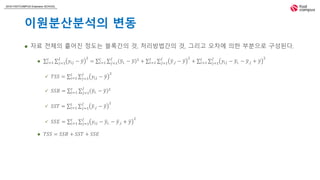 2018 FASTCAMPUS Extension SCHOOL
이원분산분석의 변동
 자료 전체의 흩어진 정도는 블록간의 것, 처리방법간의 것, 그리고 오차에 의한 부분으로 구성된다.
 𝑖=1
𝐼
𝑗=1
𝐽
𝑦𝑖𝑗 − 𝑦
2
= 𝑖=1
𝐼
𝑗=1
𝐽
𝑦𝑖. − 𝑦 2
+ 𝑖=1
𝐼
𝑗=1
𝐽
𝑦.𝑗 − 𝑦
2
+ 𝑖=1
𝐼
𝑗=1
𝐽
𝑦𝑖𝑗 − 𝑦𝑖. − 𝑦.𝑗 + 𝑦
2
 𝑇𝑆𝑆 = 𝑖=1
𝐼
𝑗=1
𝐽
𝑦𝑖𝑗 − 𝑦
2
 𝑆𝑆𝐵 = 𝑖=1
𝐼
𝑗=1
𝐽
𝑦𝑖. − 𝑦 2
 𝑆𝑆𝑇 = 𝑖=1
𝐼
𝑗=1
𝐽
𝑦.𝑗 − 𝑦
2
 𝑆𝑆𝐸 = 𝑖=1
𝐼
𝑗=1
𝐽
𝑦𝑖𝑗 − 𝑦𝑖. − 𝑦.𝑗 + 𝑦
2
 𝑇𝑆𝑆 = 𝑆𝑆𝐵 + 𝑆𝑆𝑇 + 𝑆𝑆𝐸
 