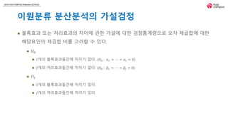 2018 FASTCAMPUS Extension SCHOOL
이원분류 분산분석의 가설검정
 블록효과 또는 처리효과의 차이에 관한 가설에 대한 검정통계량으로 오차 제곱합에 대한
해당요인의 제곱합 비를 고려할 수 있다.
 𝐻0
 𝐼개의 블록효과들간에 차이가 없다. (𝐻0 : 𝛼1 = ⋯ = 𝛼𝐼 = 0)
 𝐽개의 처리효과들간에 차이가 없다. (𝐻0 : 𝛽1 = ⋯ = 𝛽𝐽 = 0)
 𝐻1
 𝐼개의 블록효과들간에 차이가 있다.
 𝐽개의 처리효과들간에 차이가 있다.
 