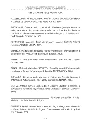 O MAU-TRATO INFANTIL E O ESTATUTO DA CRIANÇA E DO ADOLESCENTE:
OS CAMINHOS DA PREVENÇÃO, DA PROTEÇÃO E DA RESPONSABILIZAÇÃO
172
○ ○ ○ ○ ○ ○ ○ ○ ○ ○ ○ ○ ○ ○ ○ ○ ○ ○ ○ ○ ○ ○ ○ ○ ○ ○ ○ ○ ○ ○ ○ ○ ○ ○ ○ ○ ○ ○ ○ ○ ○ ○ ○ ○ ○
REFERÊNCIAS BIBLIOGRÁFICAS
AZEVEDO, Maria Amélia, GUERRA, Viviane. Infância e violência doméstica:
fronteiras do conhecimento. São Paulo: Cortez, 1996.
AROSEMANA, Carlos Alberto Lopes et alli. Abuso e exploração sexual de
crianças e de adolescentes: vamos falar sobre isso. Recife: Rede de
combate ao abuso e a exploração sexual de crianças e de adolescentes
no Estado de Pernambuco, s/d.
BETANCOURT, Josceline. Anális de Situación sobre el Maltrato Infantil.
Asuncíon/ UNICEF /BECA, 1999.
BRASIL. Constituição da República Federativa do Brasil: promulgada em 5
de outubro de 1988. 27 ed. São Paulo: Saraiva, 2001.
BRASIL. Estatuto da Criança e do Adolescente: Lei 8.069/1990. Recife:
CEDCA, 2001.
BRASIL. Ministério da Justiça. SEDH/DCA. Plano Nacional de Enfrentamento
da Violência Sexual Infanto-Juvenil. Brasília: MJ/SEDH/DCA, 2001.
CONANDA. Diretrizes Nacionais para a Política de Atenção Integral à
Infância e à Adolescência. 2001-2005. Brasília: CONANDA, 2000.
COSTA, Antônio Carlos Gomes da. É possível mudar: a criança, o
adolescente e a família na política social do Município. São Paulo: Malheiros,
1993.
________________________________ De menor a cidadão. Brasília:
Ministério da Ação Social/CBIA, s/d.
CUADROS, Isabel. Manual básico para el diagnóstico y tratamiento del
maltrato infantil. Santafé de Bogotá: Convenio Asociación Afecto y Save
the Children, 2000.
 