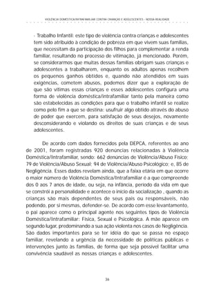 36
○ ○ ○ ○ ○ ○ ○ ○ ○ ○ ○ ○ ○ ○ ○ ○ ○ ○ ○ ○ ○ ○ ○ ○ ○ ○ ○ ○ ○ ○ ○ ○ ○ ○ ○ ○ ○ ○ ○ ○ ○ ○ ○ ○ ○
VIOLÊNCIA DOMÉSTICA/INTRAFAMILIAR CONTRA CRIANÇAS E ADOLESCENTES - NOSSA REALIDADE
· Trabalho Infantil: este tipo de violência contra crianças e adolescentes
tem sido atribuído à condição de pobreza em que vivem suas famílias,
que necessitam da participação dos filhos para complementar a renda
familiar, resultando no processo de vitimação, já mencionado. Porém,
se considerarmos que muitas dessas famílias obrigam suas crianças e
adolescentes a trabalharem, enquanto os adultos apenas recolhem
os pequenos ganhos obtidos e, quando não atendidos em suas
exigências, cometem abusos, podemos dizer que a exploração de
que são vítimas essas crianças e esses adolescentes configura uma
forma de violência doméstica/intrafamiliar tanto pela maneira como
são estabelecidas as condições para que o trabalho infantil se realize
como pelo fim a que se destina: usufruir algo obtido através do abuso
de poder que exercem, para satisfação de seus desejos, novamente
desconsiderando e violando os direitos de suas crianças e de seus
adolescentes.
De acordo com dados fornecidos pela DEPCA, referentes ao ano
de 2001, foram registradas 920 denúncias relacionadas à Violência
Doméstica/Intrafamiliar, sendo: 662 denúncias de Violência/Abuso Físico;
79 de Violência/Abuso Sexual; 94 de Violência/Abuso Psicológico; e, 85 de
Negligência. Esses dados revelam ainda, que a faixa etária em que ocorre
o maior número de Violência Doméstica/Intrafamiliar é a que compreende
dos 0 aos 7 anos de idade, ou seja, na infância, período da vida em que
se constrói a personalidade e acontece o início da socialização , quando as
crianças são mais dependentes de seus pais ou responsáveis, não
podendo, por si mesmas, defender-se. De acordo com esse levantamento,
o pai aparece como o principal agente nos seguintes tipos de Violência
Doméstica/Intrafamiliar: Física, Sexual e Psicológica. A mãe aparece em
segundo lugar, predominando a sua ação violenta nos casos de Negligência.
São dados importantes para se ter idéia do que se passa no espaço
familiar, revelando a urgência da necessidade de políticas públicas e
intervenções junto às famílias, de forma que seja possível facilitar uma
convivência saudável as nossas crianças e adolescentes.
 