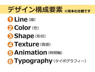 Line（線）
Color（色）
Shape（形状）
Texture（質感）
Animation（時間軸）
Typography（タイポグラフィー）
デザイン構成要素 ※坂本の主観です
1
2
3
4
5
6
 