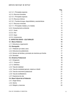 Gobierno Municipal de Bolívar


                                                               Pag.
b.2.1.4.1. Principales especies                                 11
b.2.1.5. Recursos forestales                                    11
b.2.1.5.1. Principales especies                                 11
b.2.1.6. Recursos hídricos                                      11
b.2.1.6.1. Fuentes de agua, disponibilidad y características    11
b.2.1.7. Recursos minerales                                     13
b.2.1.7.1. Principales metales y no metales                     13
b.2.2. Comportamiento ambiental.                                13
b.2.2.1. Suelo                                                  13
b.2.2.2. Aire                                                   14
b.2.2.3. Agua                                                   14
b.2.2.4. Inclemencias                                           14
C. ASPECTOS SOCIO – CULTURALES                                  14
C.1. Marco Histórico                                            14
c.1.1. Estructura y organización                                14
C.2. Demografía                                                 16
c.2.1. Población por edad y sexo                                17
c.2.2. Estructura de poblamiento                                17
c.2.3. Número de familias y promedio de miembros por familia    17
c.2.4. Densidad                                                 18
C.3. Dinámica Poblacional                                       18
c.3.1. Emigración                                               18
c.3.1.1. Temporal                                               18
c.3.1.2. Definitiva                                             19
c.3.3. Tasa de natalidad                                        20
c.3.4. Tasa de mortalidad general, materna e infantil           20
c.3.5. Tasa de crecimiento poblacional                          21
c.3.6. Tasa de analfabetismo                                    21
c.3.7. Esperanza de vida                                        21
C.4. Base Cultural de la Población                              21
c.4.1. Origen Étnico                                            21
c.4.2. Idioma                                                   21
c.4.3. Religión y creencias                                     22



PLAN DE DESARROLLO MUNICIPAL                                          II
 