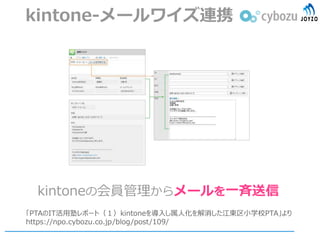 kintone-メールワイズ連携
kintoneの会員管理からメールを一斉送信
「PTAのIT活用塾レポート（１）kintoneを導入し属人化を解消した江東区小学校PTA」より
https://npo.cybozu.co.jp/blog/post/109/
 