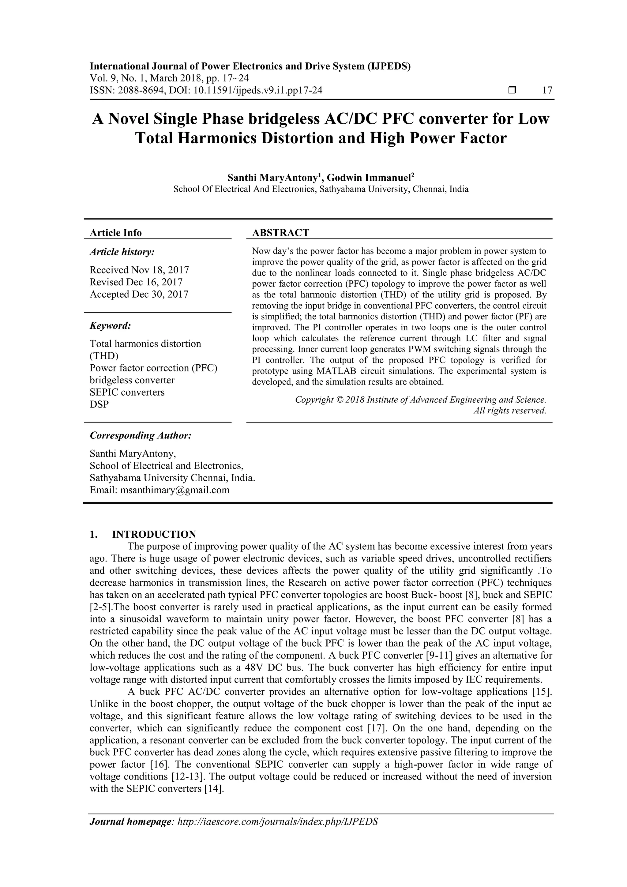 A Novel Single Phase bridgeless AC/DC PFC converter for Low Total ...