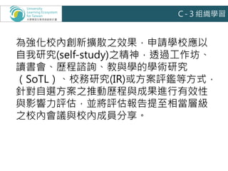 為強化校內創新擴散之效果，申請學校應以
自我研究(self-study)之精神，透過工作坊、
讀書會、歷程諮詢、教與學的學術研究
（SoTL）、校務研究(IR)或方案評鑑等方式，
針對自選方案之推動歷程與成果進行有效性
與影響力評估，並將評估報告提至相當層級
之校內會議與校內成員分享。
Ｃ-３組織學習
 