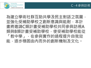 為建立學術社群互助共學及民主對話之氛圍，
並強化受補助學校之創新意識與能耐，本計
畫將邀請C類計畫受補助學校共同參與訪視A
類與B類計畫受補助學校，使受補助學校能從
「教中學」，在參與實作的過程提升自我效
能，逐步穩固由內而外的創新機制及文化。
Ｃ-４參與訪視
 