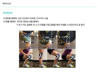 Method
Analysis
1) 인터뷰 데이터: 오픈 코딩해서 유목화, 인사이트 도출
2) 관찰 데이터: 비디오 레코딩 내용 중에서
1) 초기 각도 설정한 것 vs 2) 무릎을 가장 굽혔을 때의 자세를 스크린샷 비교 및 평가
 