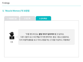 Findings
5. ‘Muscle Memory’의 보완점
2.피드백 3.인터랙션1. 무릎밴드형
“무릎 밴드에 있는 불빛 위치가 달라져야 할 것 같아요.
다른 사람이 보고 피드백을 주기엔 편하지만, 항상 그럴 순 없잖아요.
다리 바깥쪽 불빛을 보고 자세 교정을 하는 건 정말 이상하고, 위험해요”
C5
 