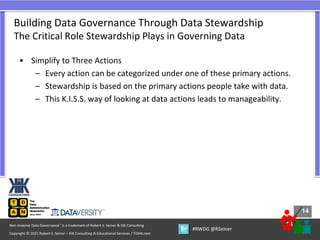 14
14
Copyright © 2021 Robert S. Seiner – KIK Consulting & Educational Services / TDAN.com
Non-Invasive Data Governance™ is a trademark of Robert S. Seiner & KIK Consulting
#RWDG @RSeiner
• Simplify to Three Actions
– Every action can be categorized under one of these primary actions.
– Stewardship is based on the primary actions people take with data.
– This K.I.S.S. way of looking at data actions leads to manageability.
Building Data Governance Through Data Stewardship
The Critical Role Stewardship Plays in Governing Data
 