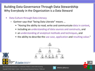 29
29
Copyright © 2021 Robert S. Seiner – KIK Consulting & Educational Services / TDAN.com
Non-Invasive Data Governance™ is a trademark of Robert S. Seiner & KIK Consulting
#RWDG @RSeiner
• Data Culture through Data Literacy
– Gartner says that “being Data Literate” means …
• “Having the ability to read, write and communicate data in context,
• including an understanding of data sources and constructs, and
• an understanding of analytical methods and techniques, and
• the ability to describe the use case, application and resulting value.”
Building Data Governance Through Data Stewardship
Why Everybody in the Organization is a Data Steward
 