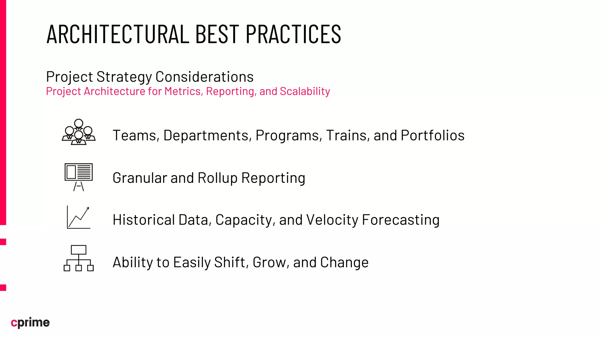 ARCHITECTURAL BEST PRACTICES
Teams, Departments, Programs, Trains, and Portfolios
Granular and Rollup Reporting
Historical Data, Capacity, and Velocity Forecasting
Ability to Easily Shift, Grow, and Change
Project Strategy Considerations
Project Architecture for Metrics, Reporting, and Scalability
 